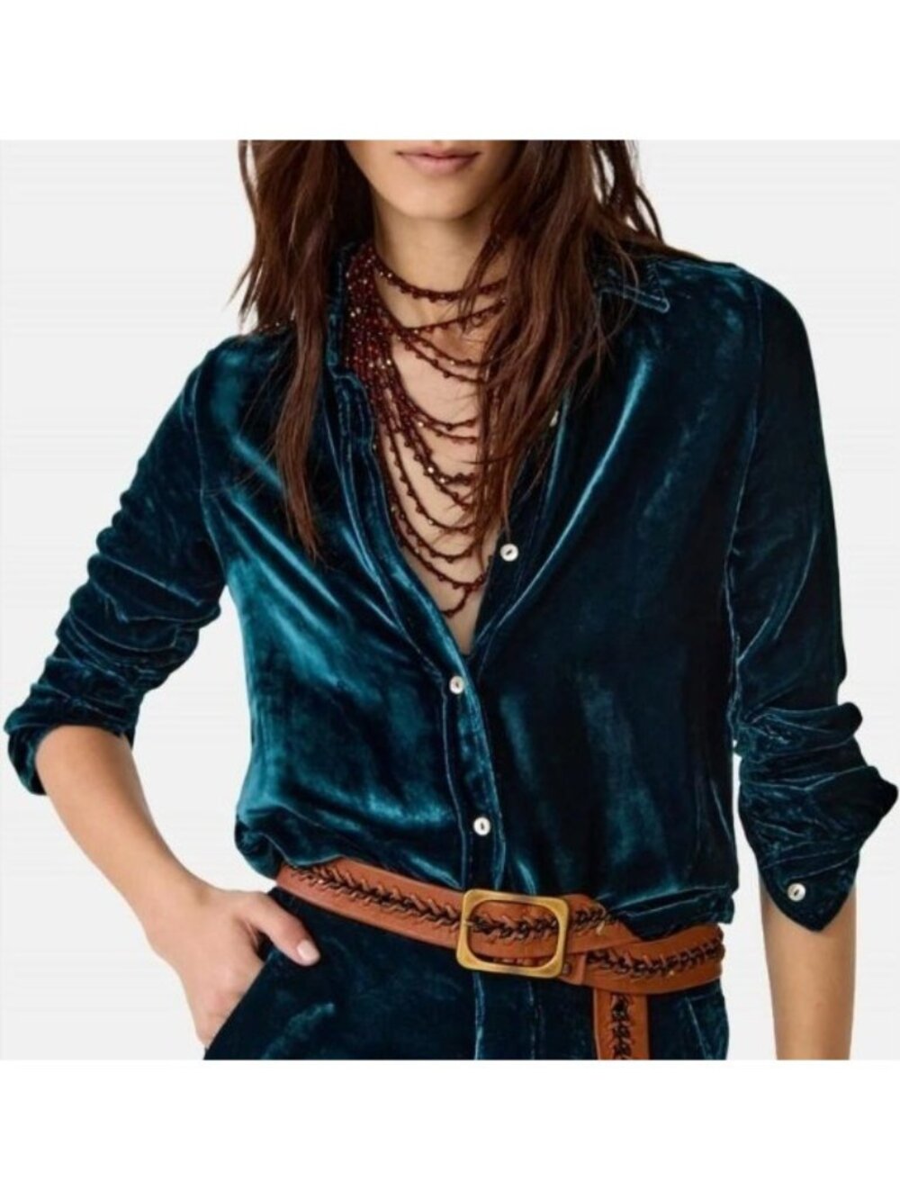 Lanhtropy Teal Silk Crushed Velvet Button Down Size XL